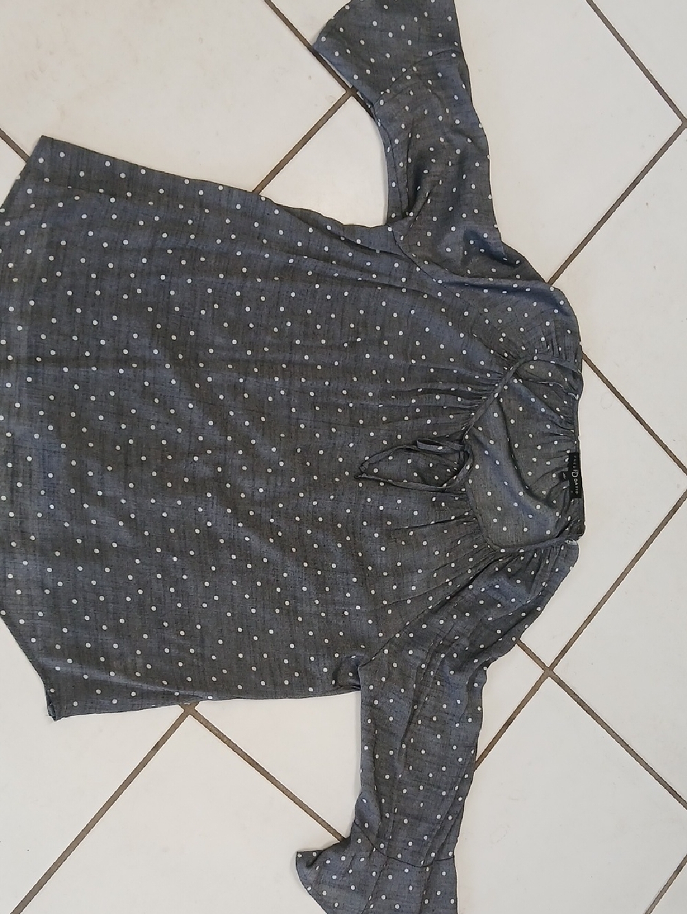 Faded Glory Charcoal Gray Polka Dot Tie-Neck Blouse